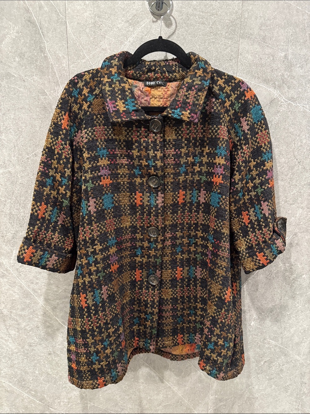 BOHO CHIC Multicolor Tweed Button-Front Women's Jacket - Black Multi